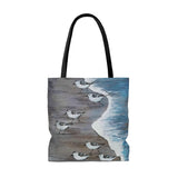 Large sanderling beach bird flock wood painting on Tote Bag