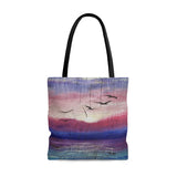 Pink and purple sunrise with flying seagulls painted on wood Tote Bag