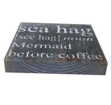 White sea hag mermaid before coffee with black background, rustic painting canvas print of painting on wood bottom