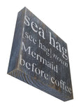 White sea hag mermaid before coffee with black background, rustic painting canvas print of painting on wood bottom angle