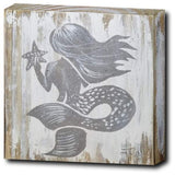 Gray mermaid with white background, rustic painting canvas print of painting on wood