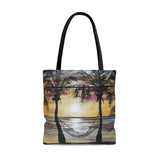 Sunset Hammock and Palm trees painting on Tote Bag
