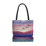 Pink and purple sunrise with flying seagulls painted on wood Tote Bag