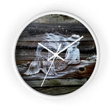 White Reclining Mermaid painted on dark wood  fence pickets Wall clock