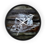White Reclining Mermaid painted on dark wood  fence pickets Wall clock