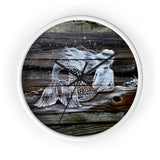 White Reclining Mermaid painted on dark wood  fence pickets Wall clock