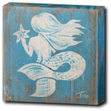 White mermaid with aqua background, rustic painting canvas print of painting on wood