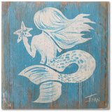 White mermaid with aqua background, rustic painting canvas print of painting on wood front view