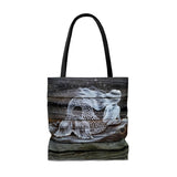 Reclining mermaid on dark wood painting on Tote Bag