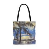 Sunrise with Palm tree and rays of sun thru blue clouds painting on Tote Bag