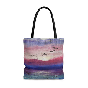Pink and purple sunrise with flying seagulls painted on wood Tote Bag