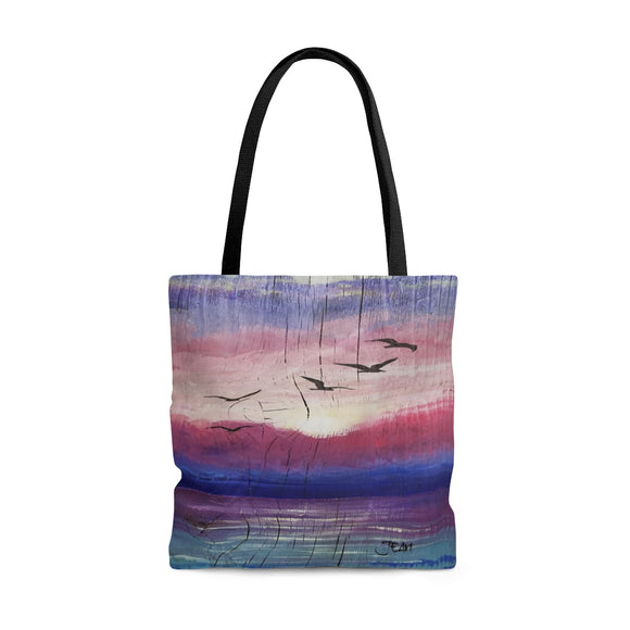 Pink and purple sunrise with flying seagulls painted on wood Tote Bag