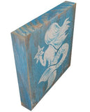 White mermaid with aqua background, rustic painting canvas print of painting on wood top edge