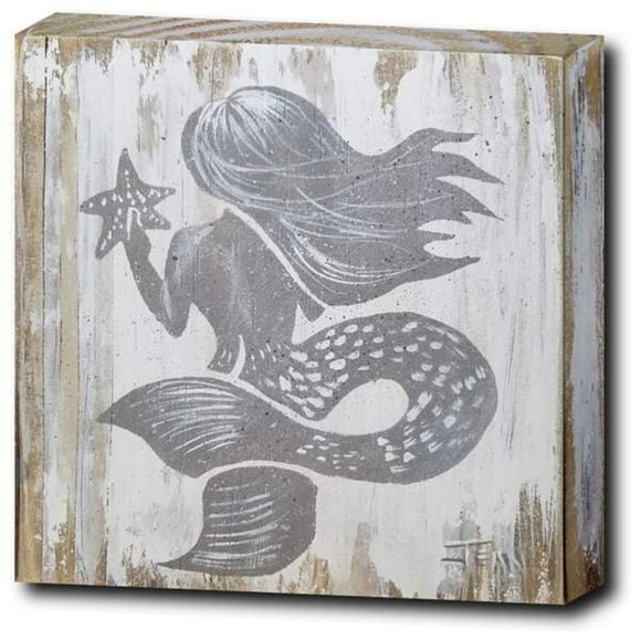 Gray mermaid with white background, rustic painting canvas print of painting on wood
