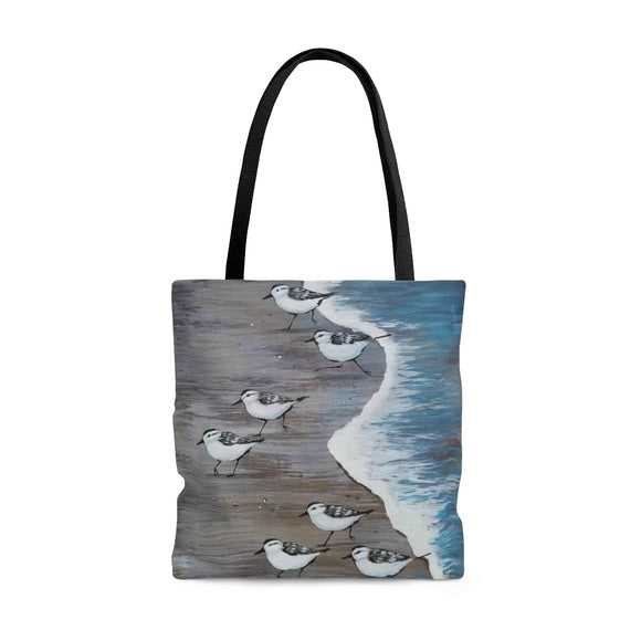 Large sanderling beach bird flock wood painting on Tote Bag