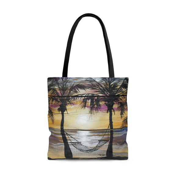 Sunset Hammock and Palm trees painting on Tote Bag