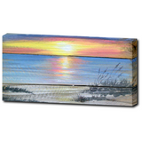 Sunrise on beach with bright colors canvas print of painting on wood