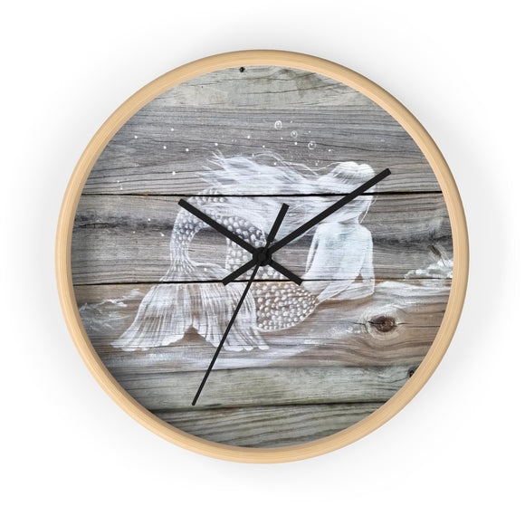 White Painted Mermaid on light wood fence pickets Wall clock