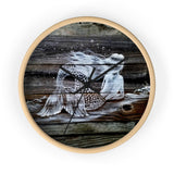 White Reclining Mermaid painted on dark wood  fence pickets Wall clock
