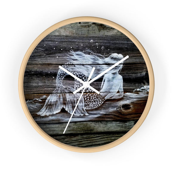 White Reclining Mermaid painted on dark wood  fence pickets Wall clock