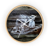 White Reclining Mermaid painted on dark wood  fence pickets Wall clock