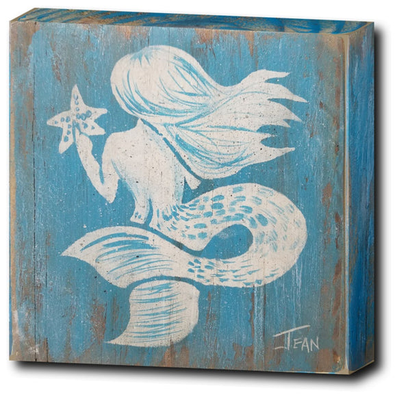White mermaid with aqua background, rustic painting canvas print of painting on wood