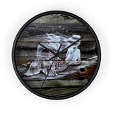 White Reclining Mermaid painted on dark wood  fence pickets Wall clock