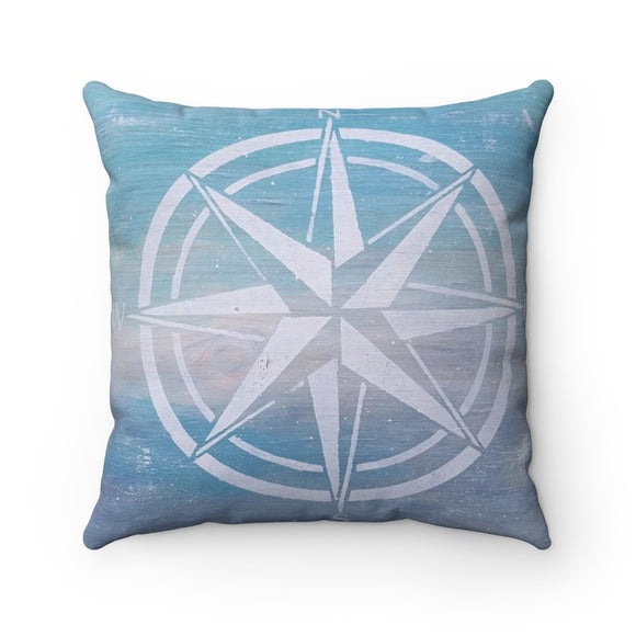 Nautical compass on sky and water blue background 16 inch Spun Polyester Square Pillow
