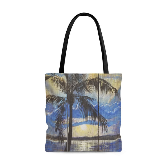 Sunrise with Palm tree and rays of sun thru blue clouds painting on Tote Bag