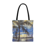 Sunrise with Palm tree and rays of sun thru blue clouds painting on Tote Bag
