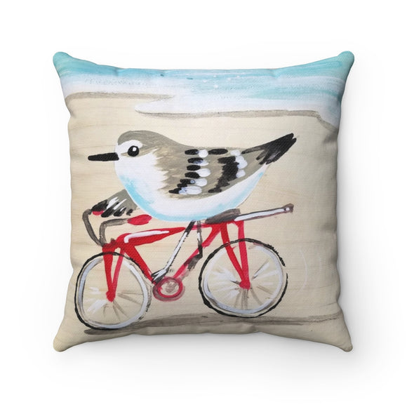 Sanderling on bicycle Spun Polyester Square Pillow