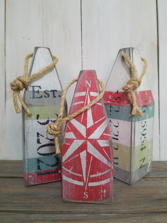 Three buoy painted buoy tabletop set with Nautical Compass design