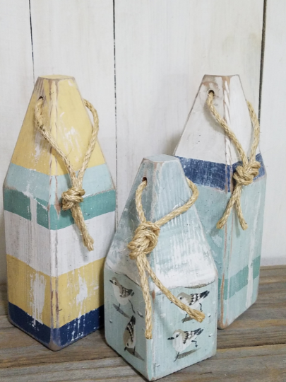Three buoy painted buoy tabletop set with running Sanderling design